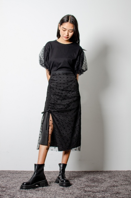 點點透紗抽皺裙