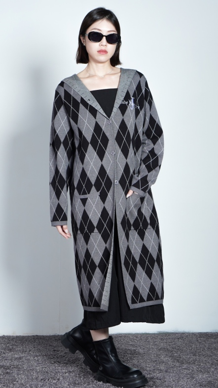 格紋連帽毛長外套