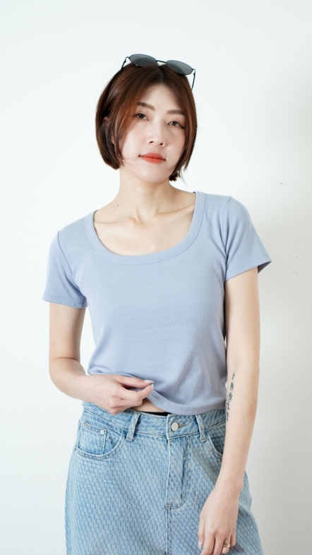 U領坑條短版T
